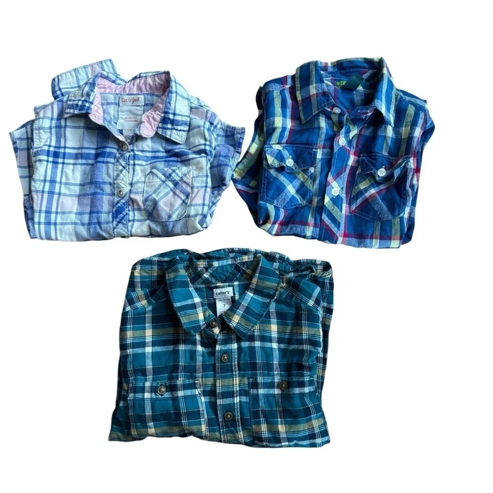 Bundle Boys Size 7 Plaid Check Shirt 3PC Set Button Up Long Sleeve Collar